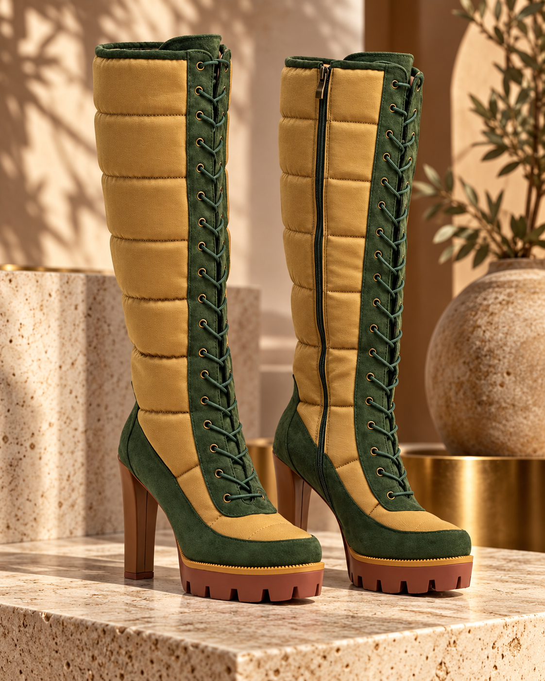 Nadine Olive & Tan Platform Boots 👢✨